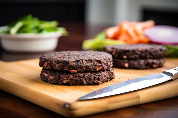 Foto hamburguesa de frijol negra en una tabla con un chef afilando cuchillos en el fondo