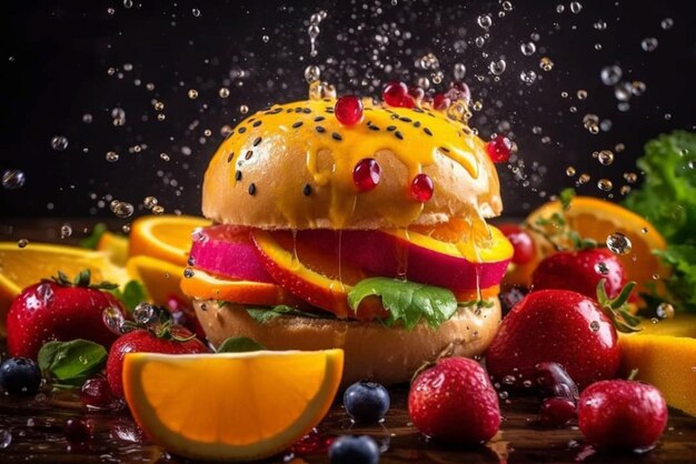 Una hamburguesa con fruta y salpicaduras de agua a su alrededor.