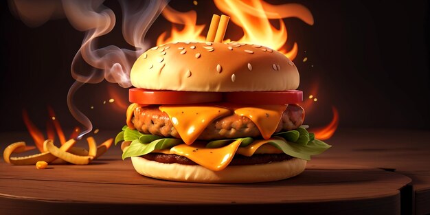 Foto una hamburguesa con un fuego detrás de ella 3d render imagen realista