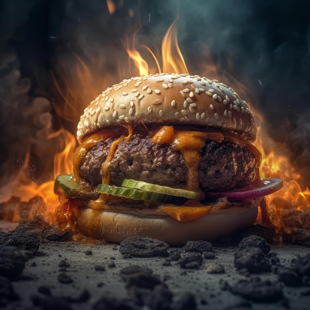 Hamburguesa con fuego de fondo