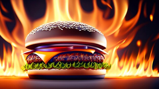 Foto hamburguesa con fuego