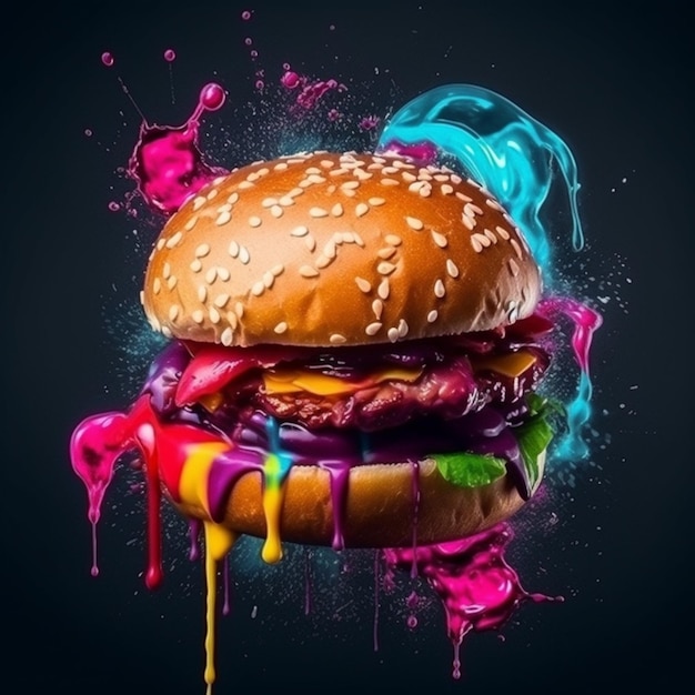 Una hamburguesa con gotas de pintura en aerosol