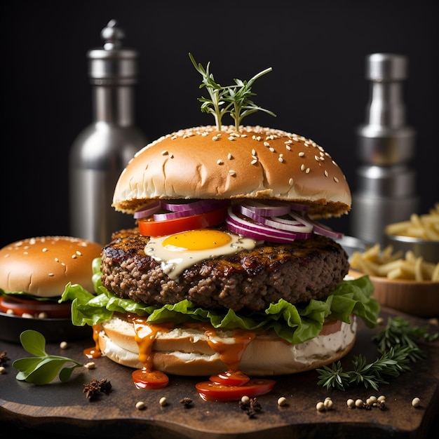 Una hamburguesa gourmet con una combinación única de fondo de pantalla de especias y hierbas generado por IA