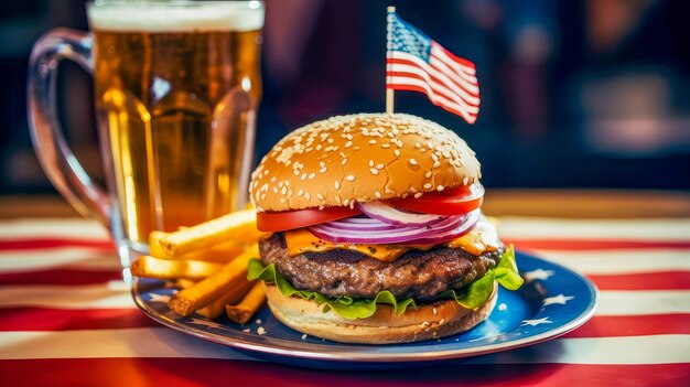 Una hamburguesa grande y deliciosa en un plato de papas fritas y una bebida en un café patriótico en el telón de fondo de t