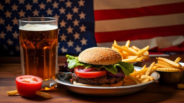Foto una hamburguesa grande y deliciosa en un plato de papas fritas y una bebida en un café patriótico en el telón de fondo de t