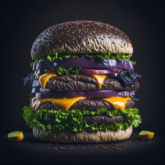 Una hamburguesa grande con fondo negro y lechuga verde encima.