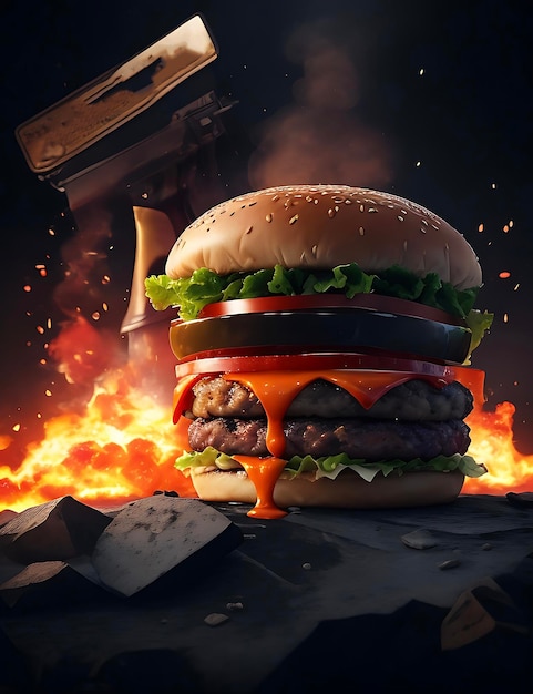 Foto hamburguesa grande en la guerra colores oscuros sangran armas de tomate en hamburguesa sin terminar hamburguesa ai generado