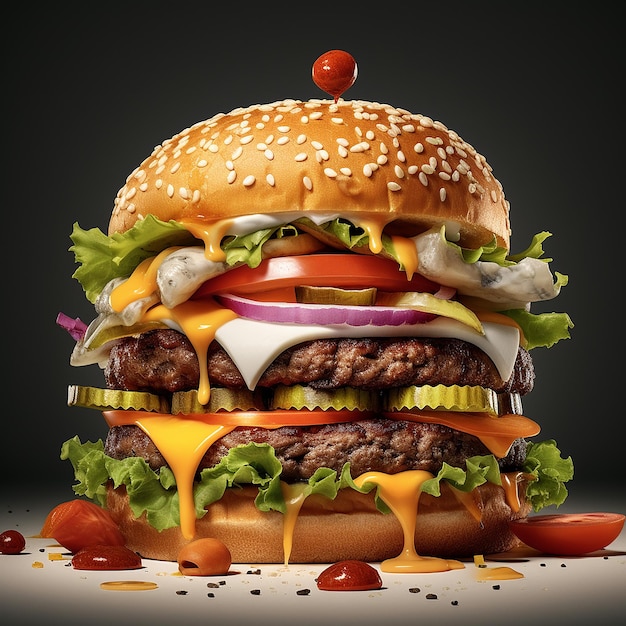 Hamburguesa grande hamburguesa de comida rápida queso asado fondo impresionante ingredientes voladores