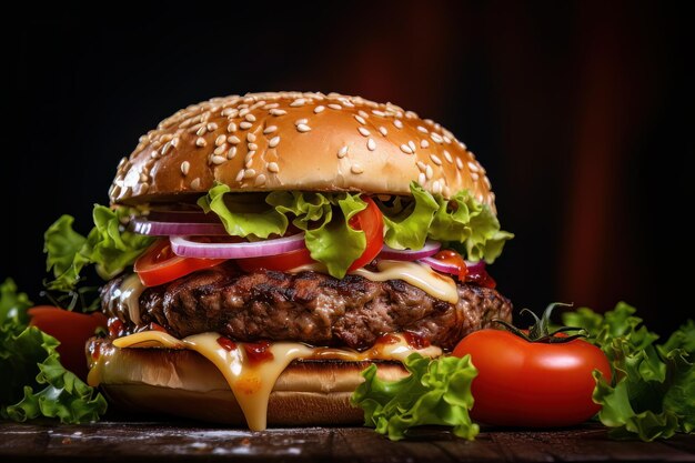 Foto una hamburguesa grande y jugosa con tomate, cebolla y queso.