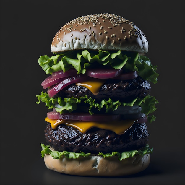 Una hamburguesa grande con lechuga, cebolla y cebolla encima.