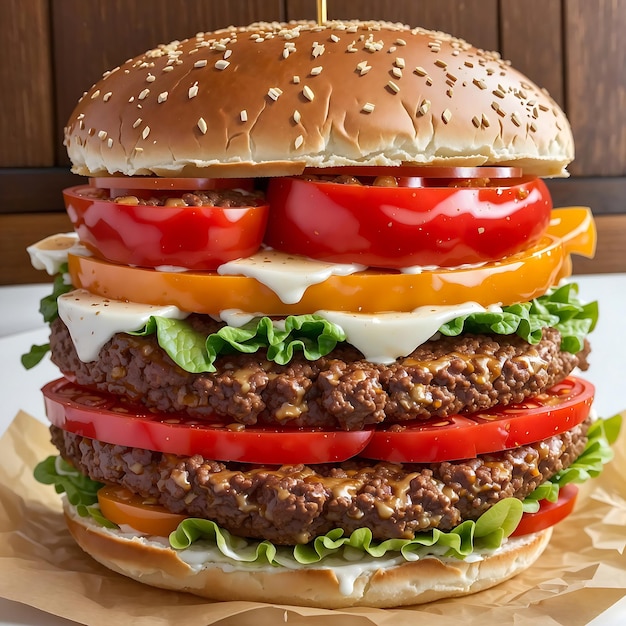 Una hamburguesa grande con lechuga tomate y lechuga encima