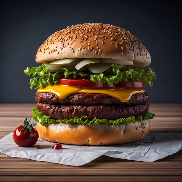 Una hamburguesa grande con lechuga, tomate y queso.