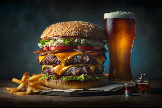 Hamburguesa grande con papas fritas y cerveza en la mesa IA generativa