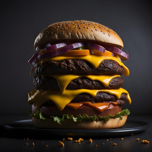 Una hamburguesa grande con queso y cebolla se sienta en un plato.