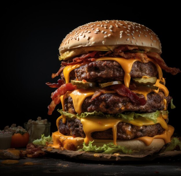 Una hamburguesa grande con queso y tocino.