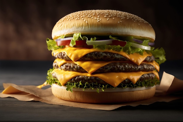 Una hamburguesa grande con queso y tomate encima.