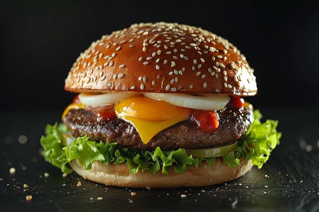 Hamburguesa grande y sabrosa con chuleta de ternera, lechuga, huevo y queso sobre fondo negro