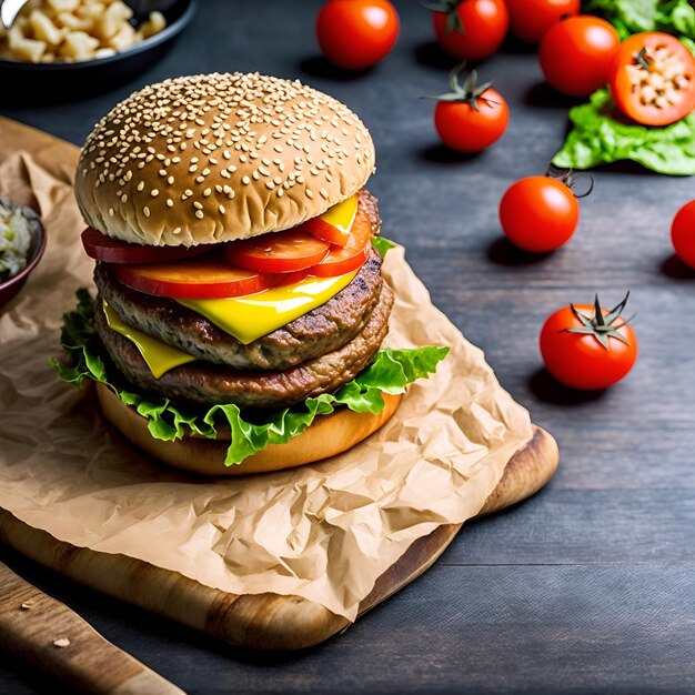 Una hamburguesa grande con tomates y lechuga