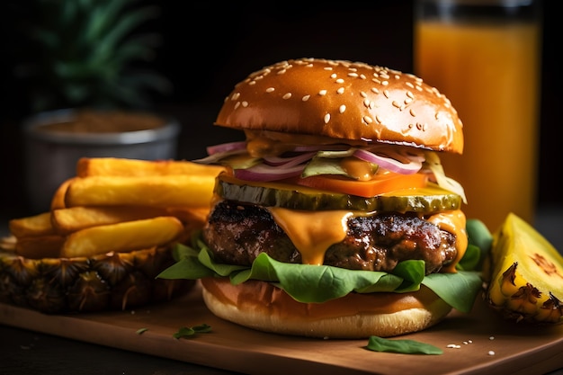 Una hamburguesa con una guarnición de papas fritas y una bebida.