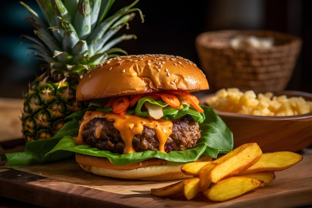 Una hamburguesa con una guarnición de papas fritas y una guarnición de papas fritas