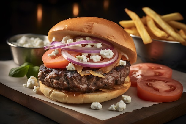 Una hamburguesa con una guarnición de queso y tomate encima.