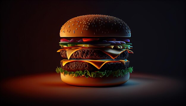 Una hamburguesa con una hamburguesa que está iluminada en una habitación oscura.