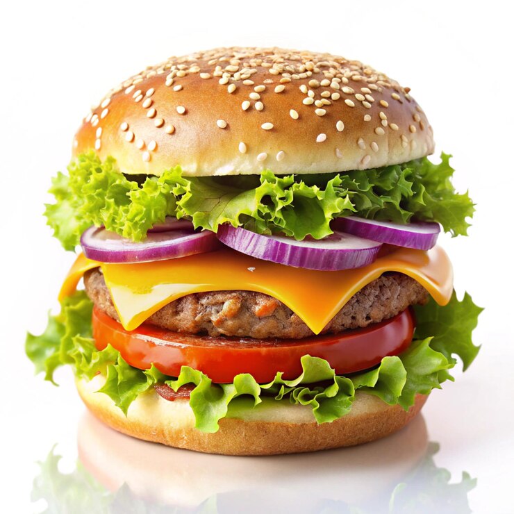 Una hamburguesa con una hamburguesa de queso en ella y una imagen de una hamburger con fondo blanco