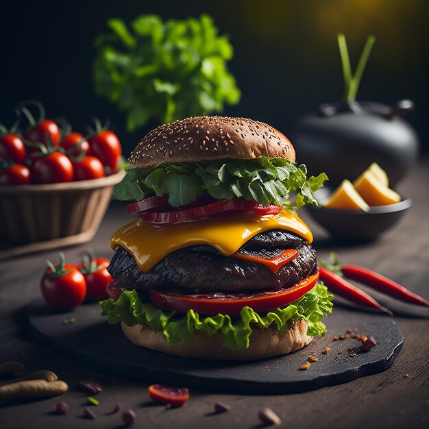 Hamburguesa hamburguesa sándwich grande con carne de res cebolla roja tomate y tocino frito Foto Gratis