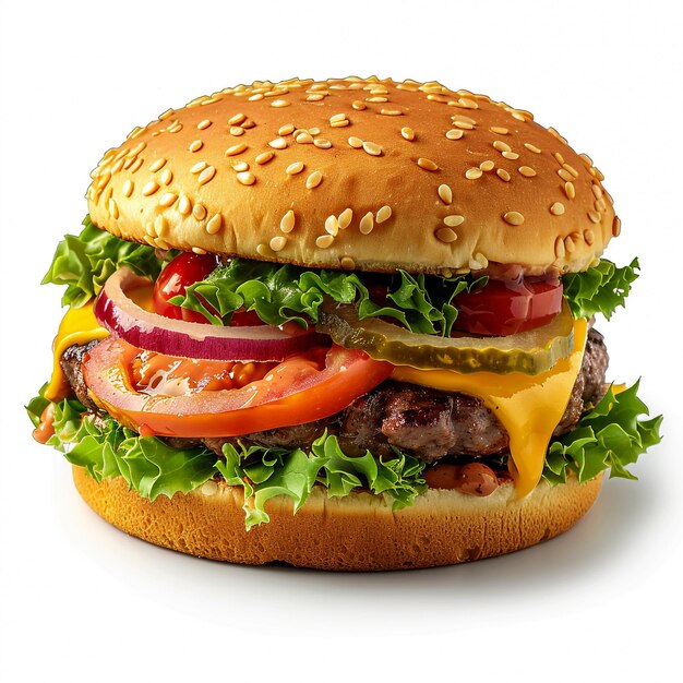 Foto una hamburguesa con una hamburguesa y un tomate en ella