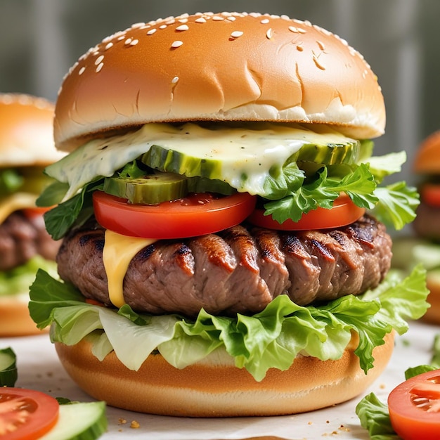 Una hamburguesa con una hamburguesa y tomates en ella