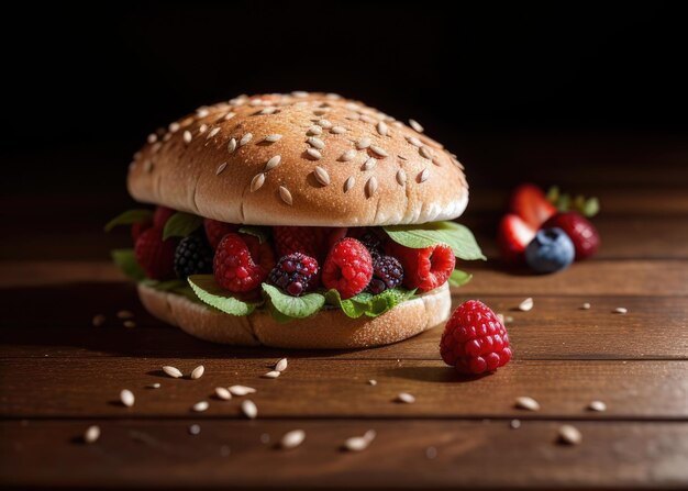 Foto una hamburguesa con una hoja de bayas