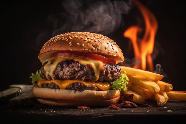 Una hamburguesa con un hot dog y papas fritas en una mesa