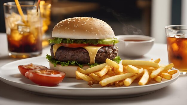 La hamburguesa en el hotel con papas fritas