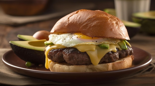 Una hamburguesa con un huevo y un bollo con aguacate.