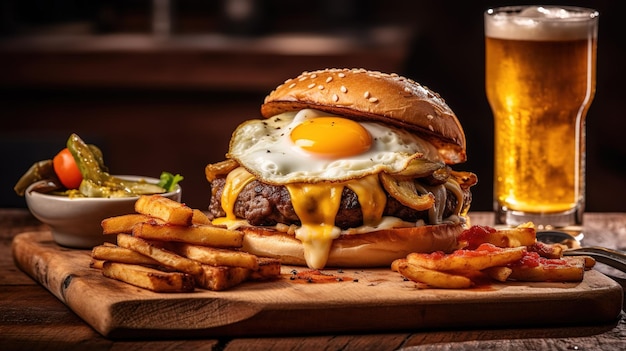 Una hamburguesa con huevo frito y un vaso de cerveza