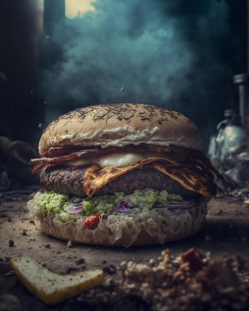 Una hamburguesa con un humo ahumado ahumado a un lado