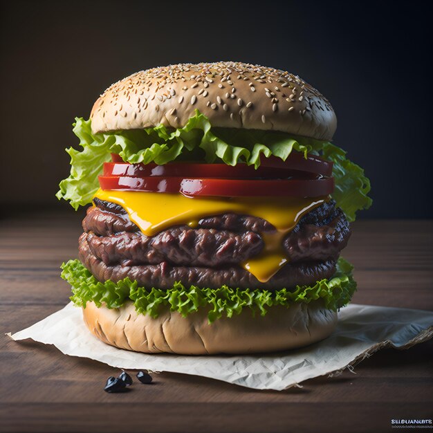 Una hamburguesa con una imagen de tomate, lechuga y queso.