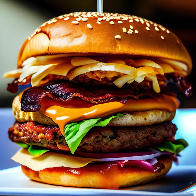 Una hamburguesa imponente con hamburguesas dobles y tocino crujiente generado por inteligencia artificial