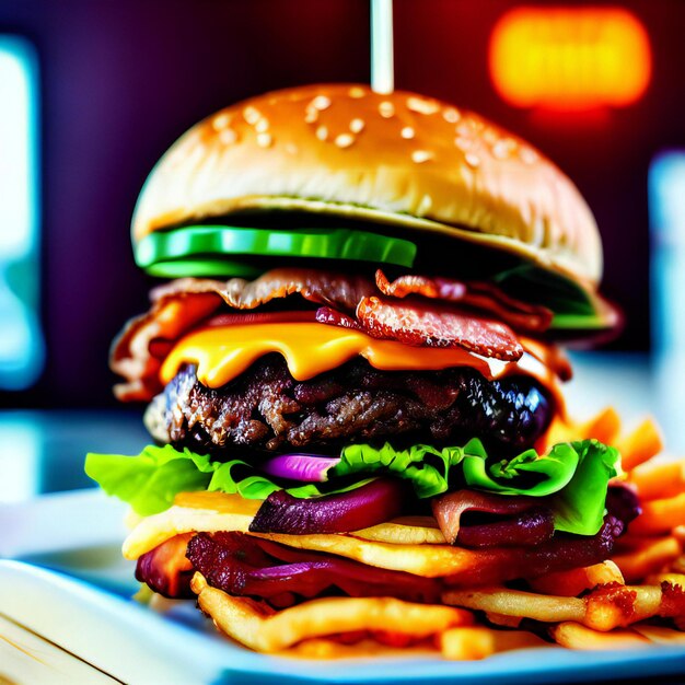 Foto una hamburguesa imponente con hamburguesas dobles y tocino crujiente generado por inteligencia artificial