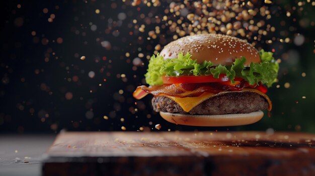 Hamburguesa con ingredientes voladores en un fondo oscuro Concepto de comida rápida