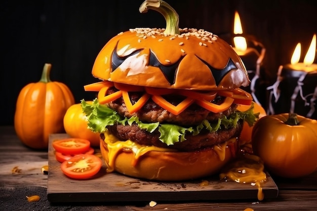 Una hamburguesa con un Jack o Lantern encima Hamburguesa de Halloween Comida festiva Jack Lantern