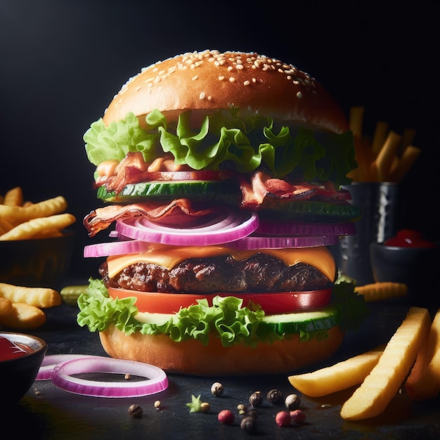 hamburguesa de jugo con papas fritas en negro