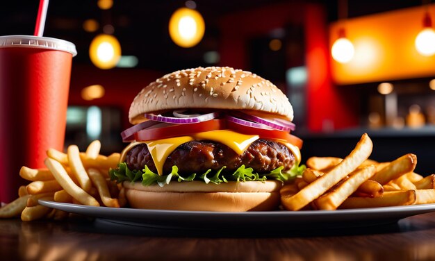 Foto hamburguesa jugosa carne de res a la parrilla hamburguesa hamburguesa cerca de hamburguesa con queso fritas y una bebida copyspace