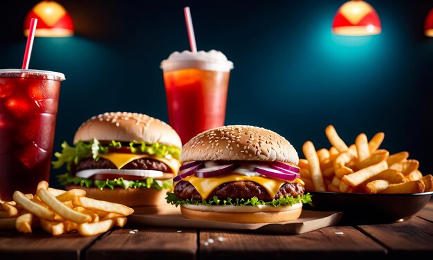 Foto hamburguesa jugosa carne de res a la parrilla hamburguesa hamburguesa cerca de hamburguesa con queso fritas y una bebida copyspace