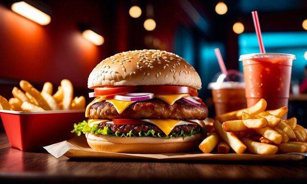 Foto hamburguesa jugosa carne de res a la parrilla hamburguesa hamburguesa cerca de hamburguesa con queso fritas y una bebida copyspace