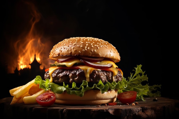 Hamburguesa jugosa con chuleta, papas fritas, queso, pepino y ensalada.