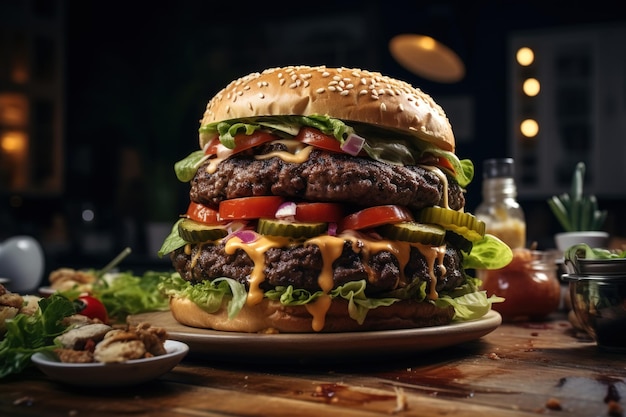 Una hamburguesa jugosa con dos chuletas, una hamburguesa con queso en la mesa, un primer plano de comida rápida.