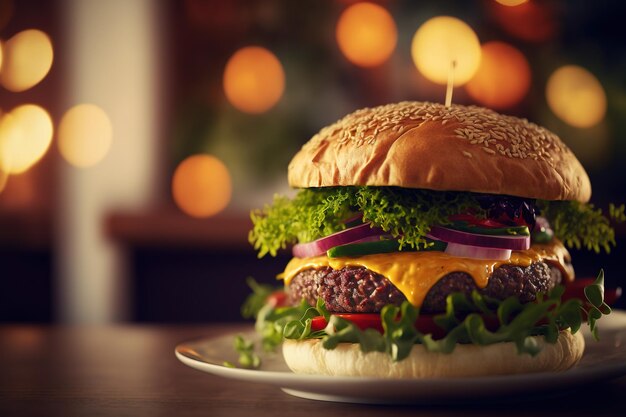 Hamburguesa jugosa con ensalada de queso cheddar derretido y cebolla sobre un fondo de madera