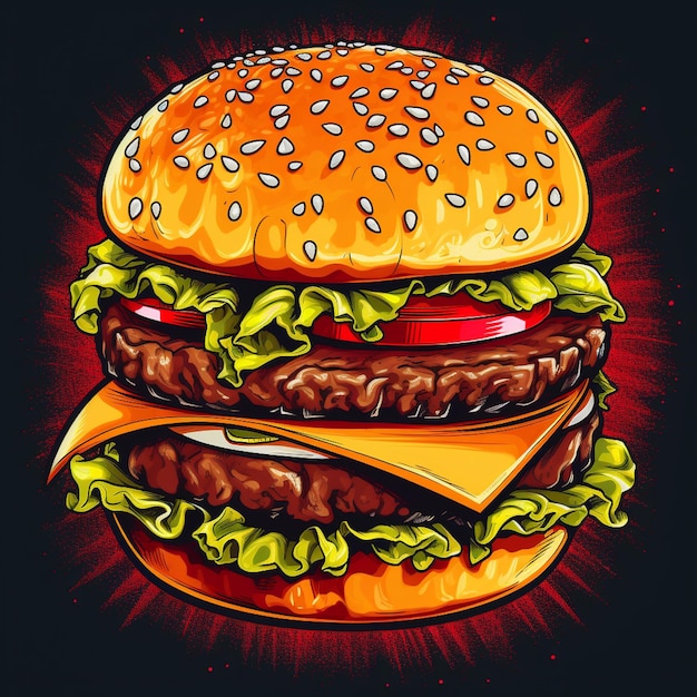 una hamburguesa jugosa ilustrada en un estilo colorido y vibrante