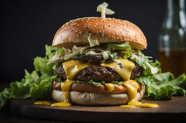 hamburguesa jugosa con lechuga crujiente y queso derretido perfectamente apilado entre dos panes tostados